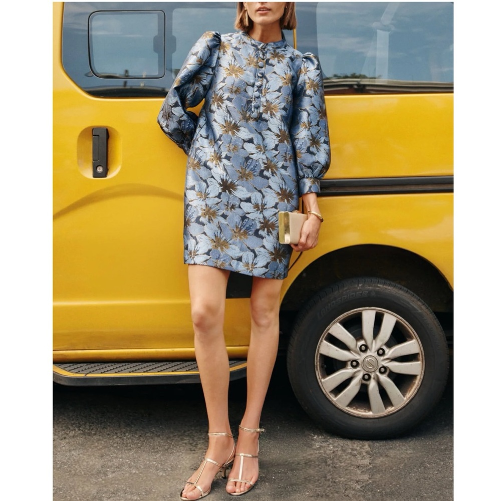 Tuckernuck Blue and Black Floral Jacquard Puff-Sleeve Shift Dress - Picture 2 of 13